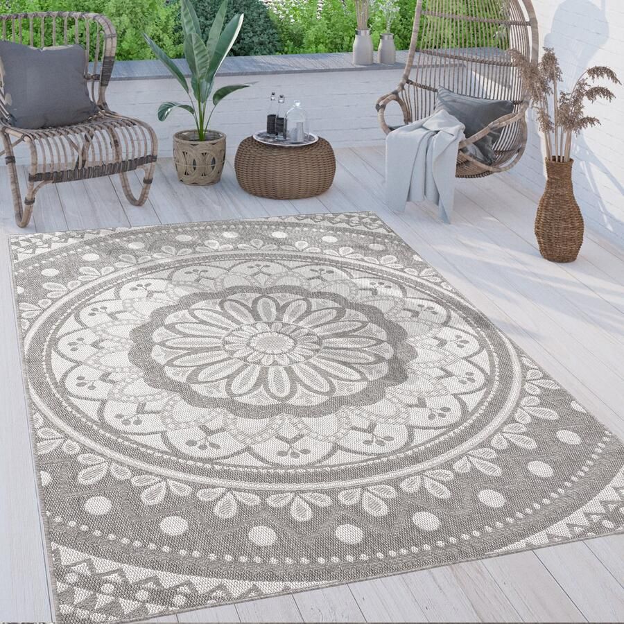 Paco Home Buiten Vloerkleed Tapijt Binnen En Buiten Balkon Oosters Patroon Boho Grijs Wit 60x100 cm - Foto 2