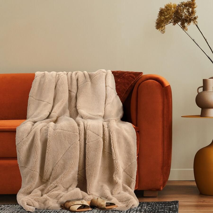 Paco Home Decoratieve Woonkamer Deken Knusse Sprei Bank Deken Wasbaar Ruit Zacht Beige