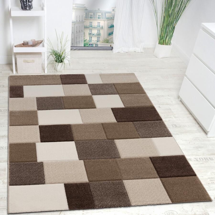 Paco Home Designervloerkleed Modern Met De Hand Aangebrachte Contoursnede Geruit In Bruin Beige 80x300 cm
