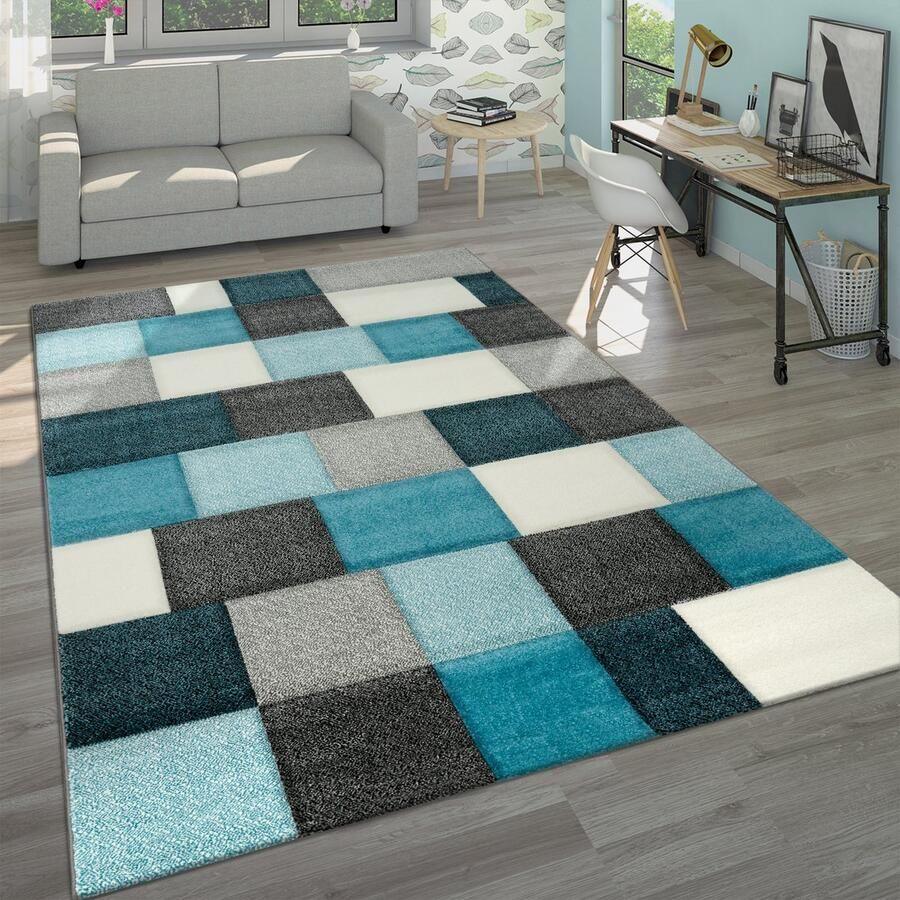 Paco Home Designervloerkleed Modern Met De Hand Aangebrachte Contoursnede Geruit In Turquoise Grijs 60x110 cm