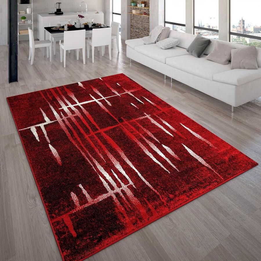 Paco Home Designervloerkleed Modern Trendy Laagpolig Vloerkleed In Rood Crème Gemêleerd 70x140 cm