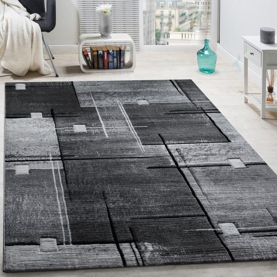 Paco Home Designvloerkleed Contoursnede Abstract Ruit Lijnen Grijs Zwart Gemêleerd 120x170 cm