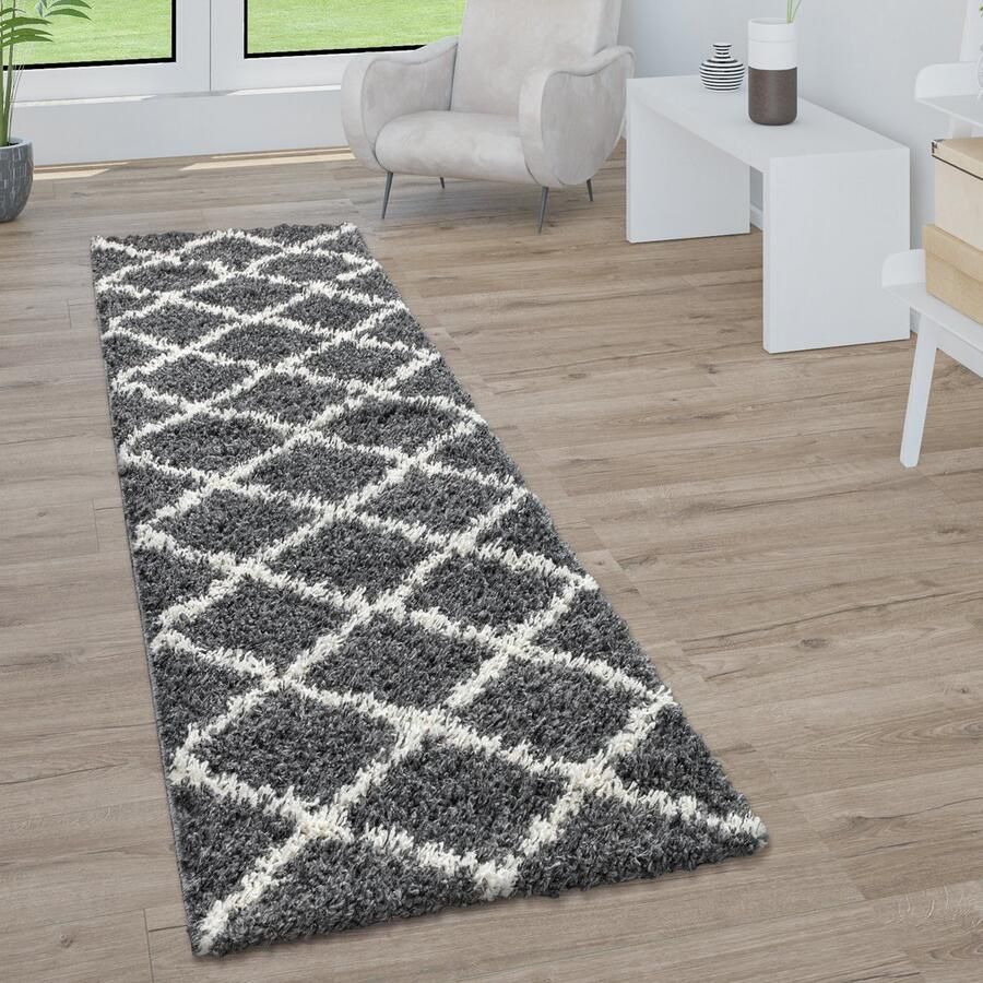 Paco Home Hoogpolig tapijt zachte shaggy voor de woonkamer in Scandinavische stijl met ruitmotief 80x300 cm