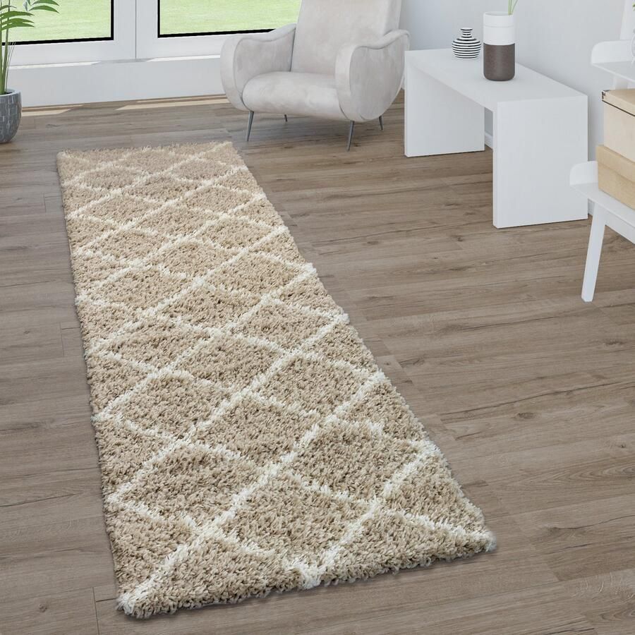 Paco Home Hoogpolig tapijt zachte shaggy voor de woonkamer in Scandinavische stijl met ruitmotief 80x300 cm