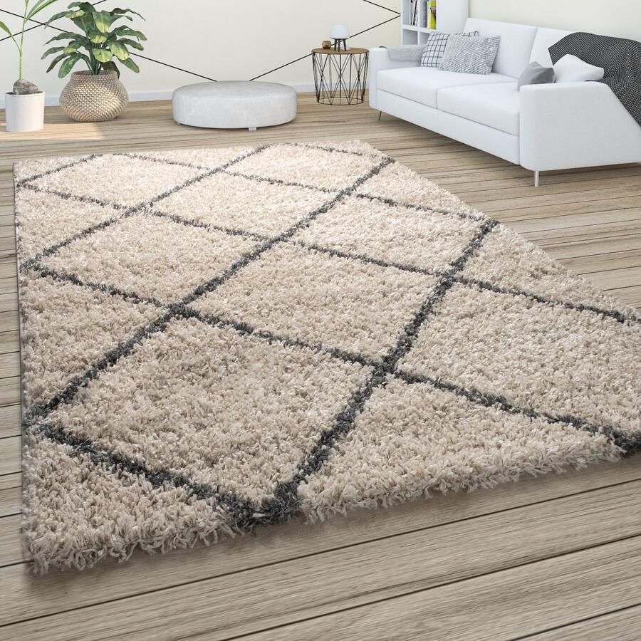 Paco Home Hoogpolig tapijt zachte shaggy voor de woonkamer in Scandinavische stijl met ruitmotief 120x170 cm