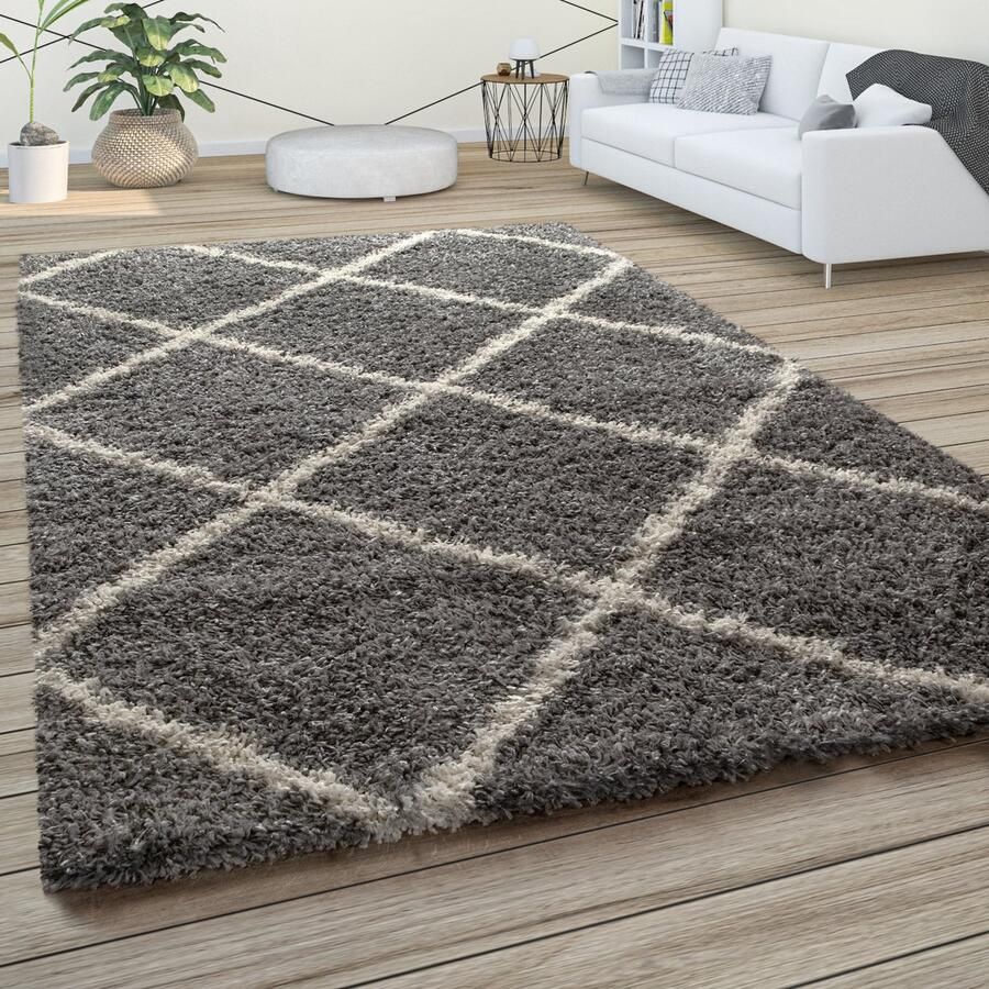 Paco Home Hoogpolig tapijt zachte shaggy voor de woonkamer in Scandinavische stijl met ruitmotief 80x150 cm