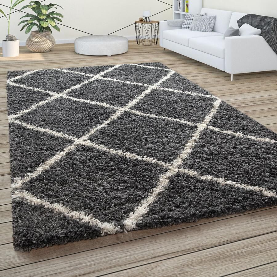 Paco Home Hoogpolig tapijt zachte shaggy voor de woonkamer in Scandinavische stijl met ruitmotief 160x220 cm