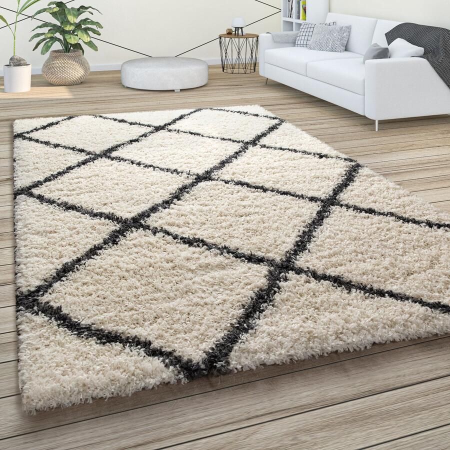 Paco Home Hoogpolig tapijt zachte shaggy voor de woonkamer in Scandinavische stijl met ruitmotief 200x280 cm
