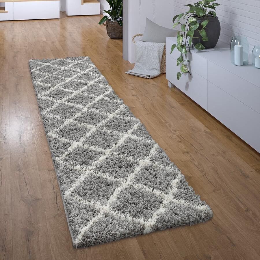 Paco Home Hoogpolig Vloerkleed Loper Gang Slaapkamer Shaggy Modern Scandi Ruitpatroon 100x200 cm