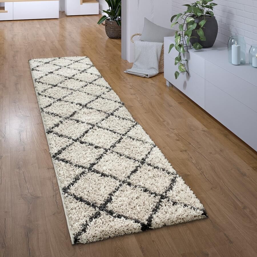 Paco Home Hoogpolig Vloerkleed Loper Gang Slaapkamer Shaggy Modern Scandi Ruitpatroon 80x150 cm