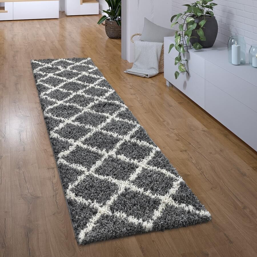 Paco Home Hoogpolig Vloerkleed Loper Gang Slaapkamer Shaggy Modern Scandi Ruitpatroon 60x100 cm