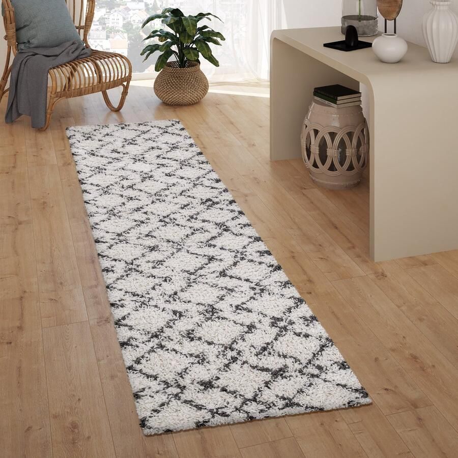 Paco Home Hoogpolig Vloerkleed Loper Gang Slaapkamer Shaggy Modern Scandi Ruitpatroon Boho 100x200 cm