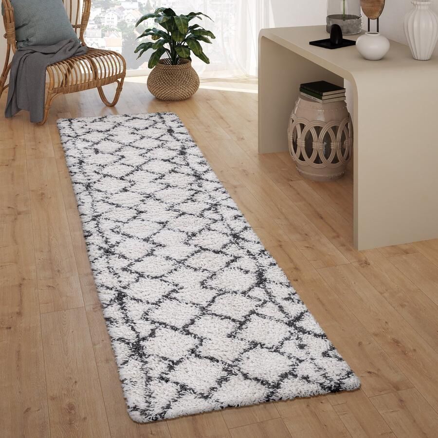Paco Home Hoogpolig Vloerkleed Loper Gang Slaapkamer Shaggy Modern Scandi Ruitpatroon Boho 60x100 cm