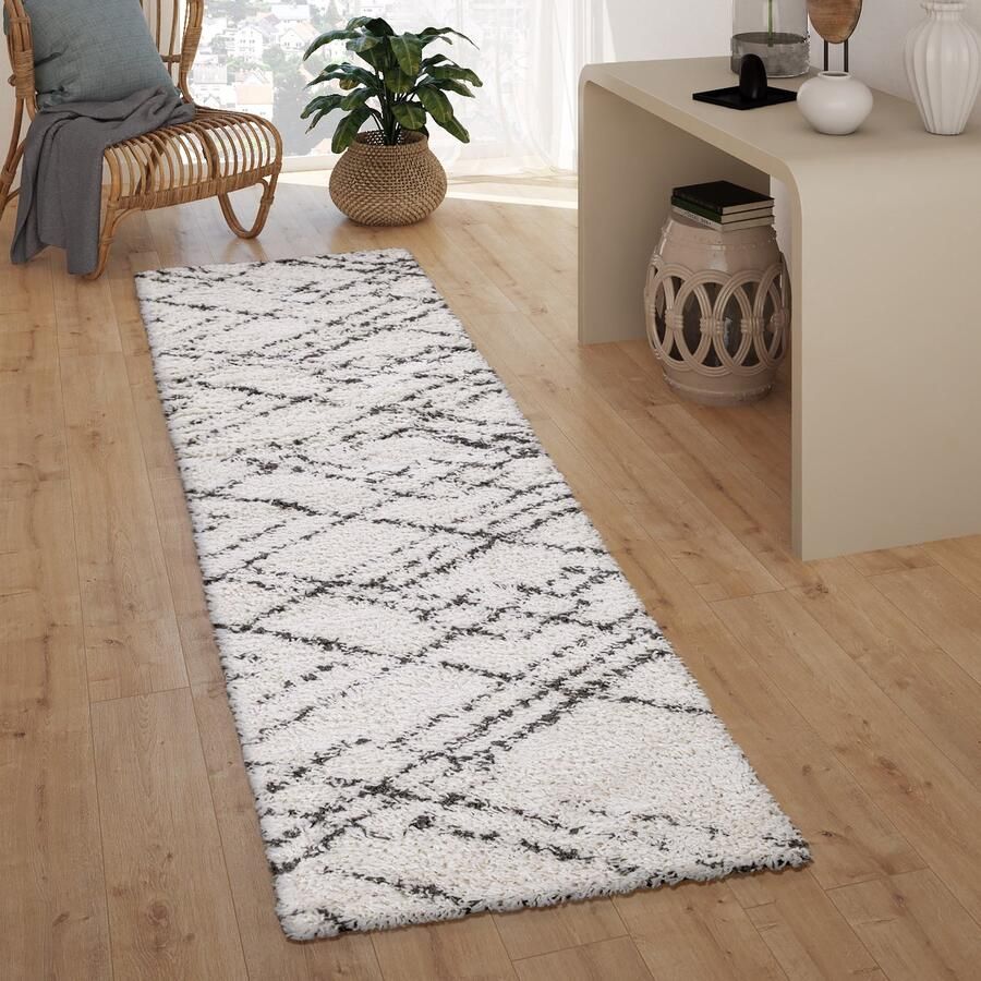 Paco Home Hoogpolig Vloerkleed Loper Gang Slaapkamer Shaggy Modern Scandi Ruitpatroon Boho 60x100 cm