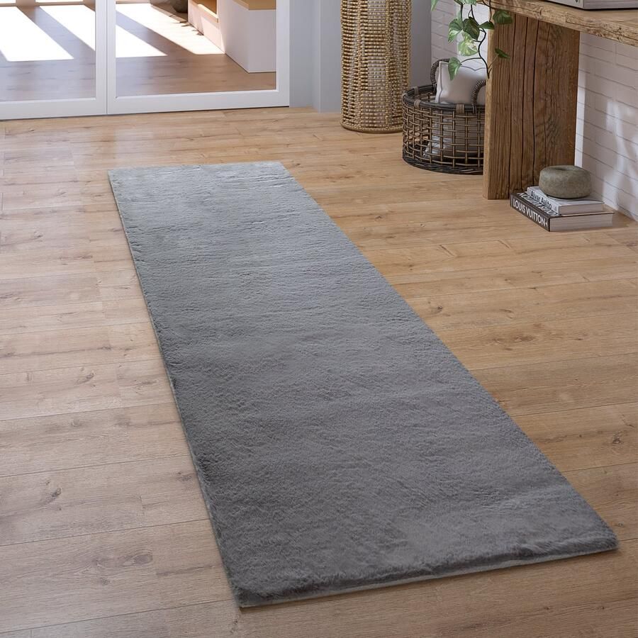 Paco Home Hoogpolig Vloerkleed Loper Gang Slaapkamer Shaggy Pluizig Imitatiebont Effen 80x150 cm