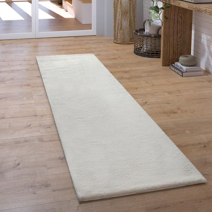 Paco Home Hoogpolig Vloerkleed Loper Gang Slaapkamer Shaggy Pluizig Imitatiebont Effen 80x150 cm