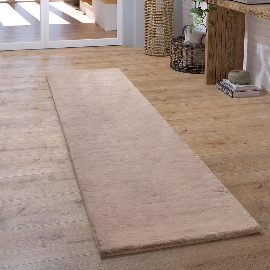 Paco Home Hoogpolig Vloerkleed Loper Gang Slaapkamer Shaggy Pluizig Imitatiebont Effen 80x300 cm