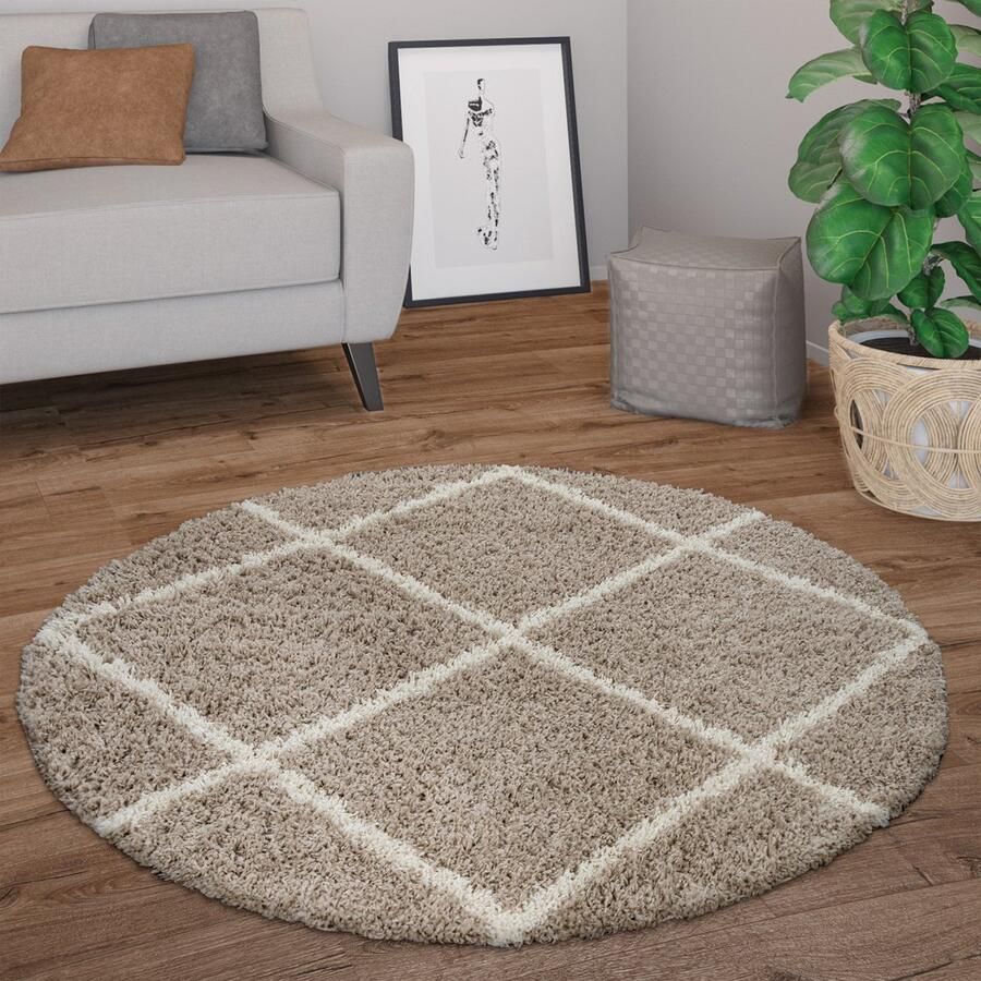 Paco Home Hoogpolig Vloerkleed Rond Woonkamer Modern Shaggy Langpolig Scandi Ruiten 200 cm Rund
