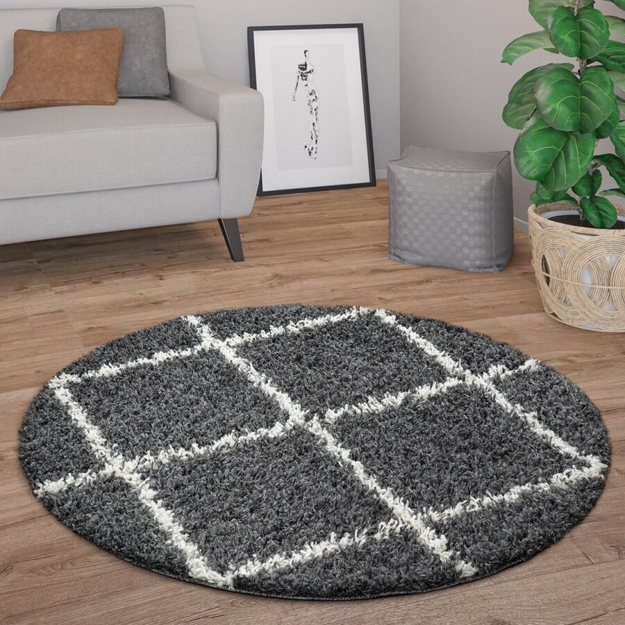 Paco Home Hoogpolig Vloerkleed Rond Woonkamer Modern Shaggy Langpolig Scandi Ruiten 160 cm Rund