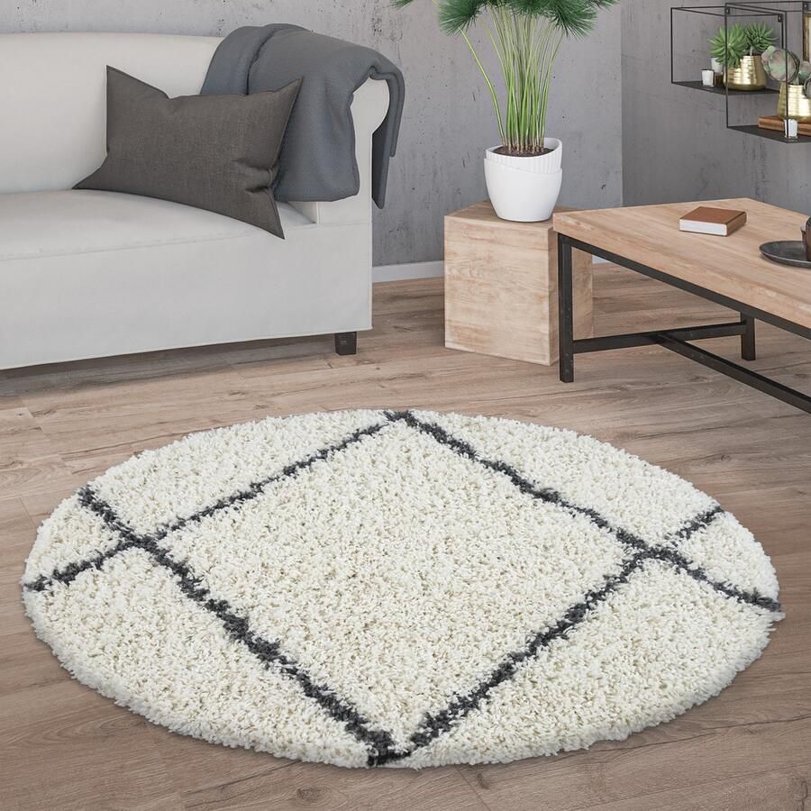 Paco Home Hoogpolig Vloerkleed Rond Woonkamer Modern Shaggy Langpolig Scandi Ruiten 200 cm Rund