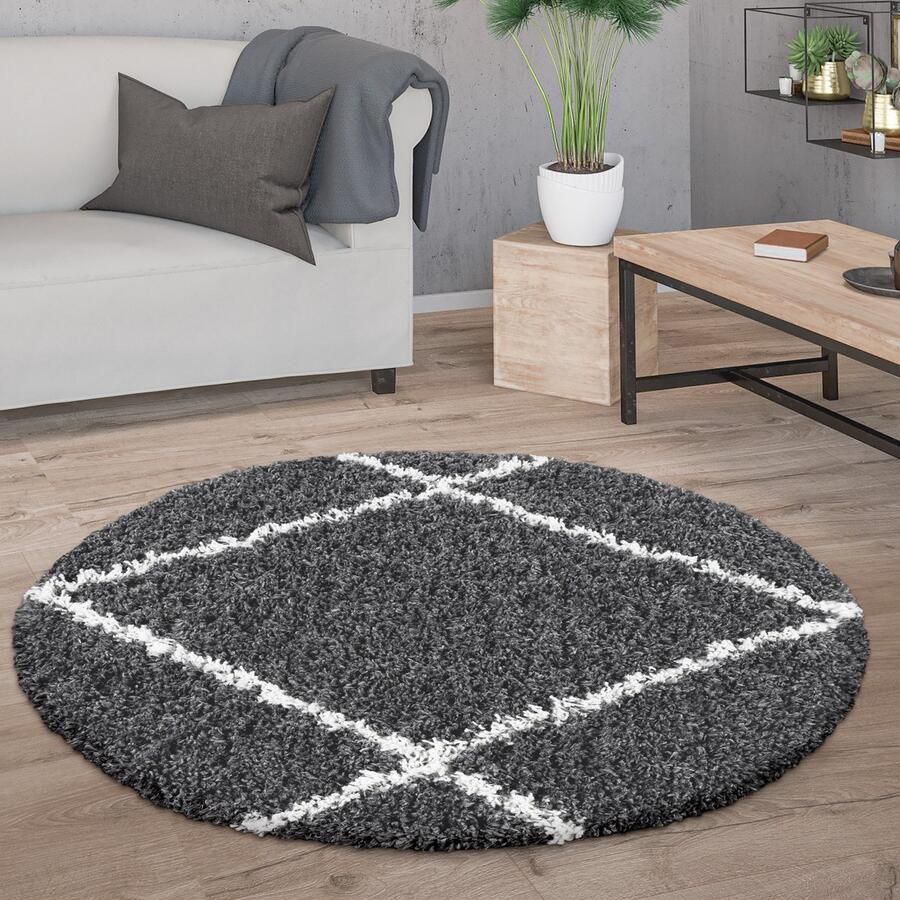 Paco Home Hoogpolig Vloerkleed Rond Woonkamer Modern Shaggy Langpolig Scandi Ruiten 120 cm Rund