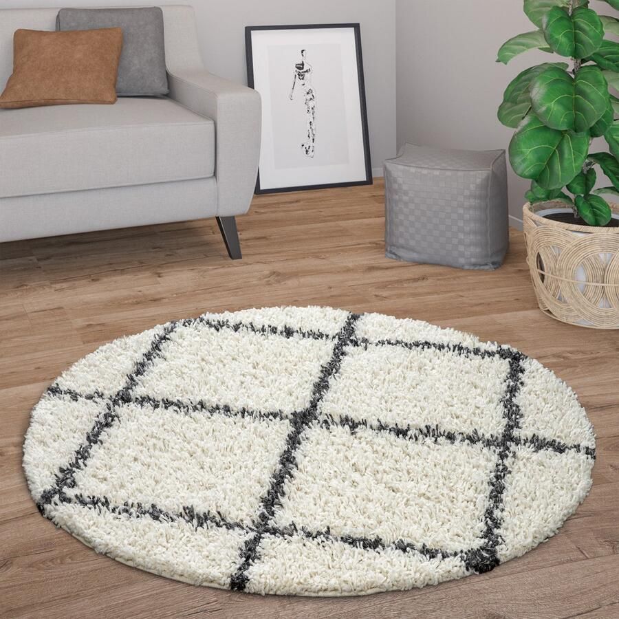 Paco Home Hoogpolig Vloerkleed Rond Woonkamer Modern Shaggy Langpolig Scandi Ruiten 120 cm Rund