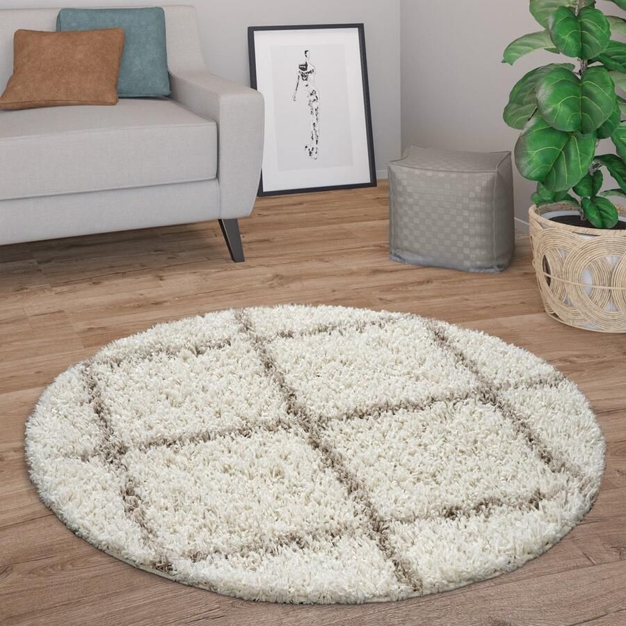 Paco Home Hoogpolig Vloerkleed Rond Woonkamer Modern Shaggy Langpolig Scandi Ruiten 200 cm Rund