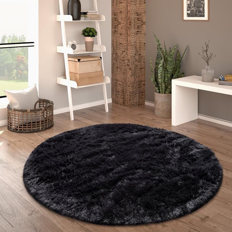 Paco Home Hoogpolig Vloerkleed Rond Woonkamer Shaggy Langpolig Imitatiebont Pluizig Effen 200 cm Rund