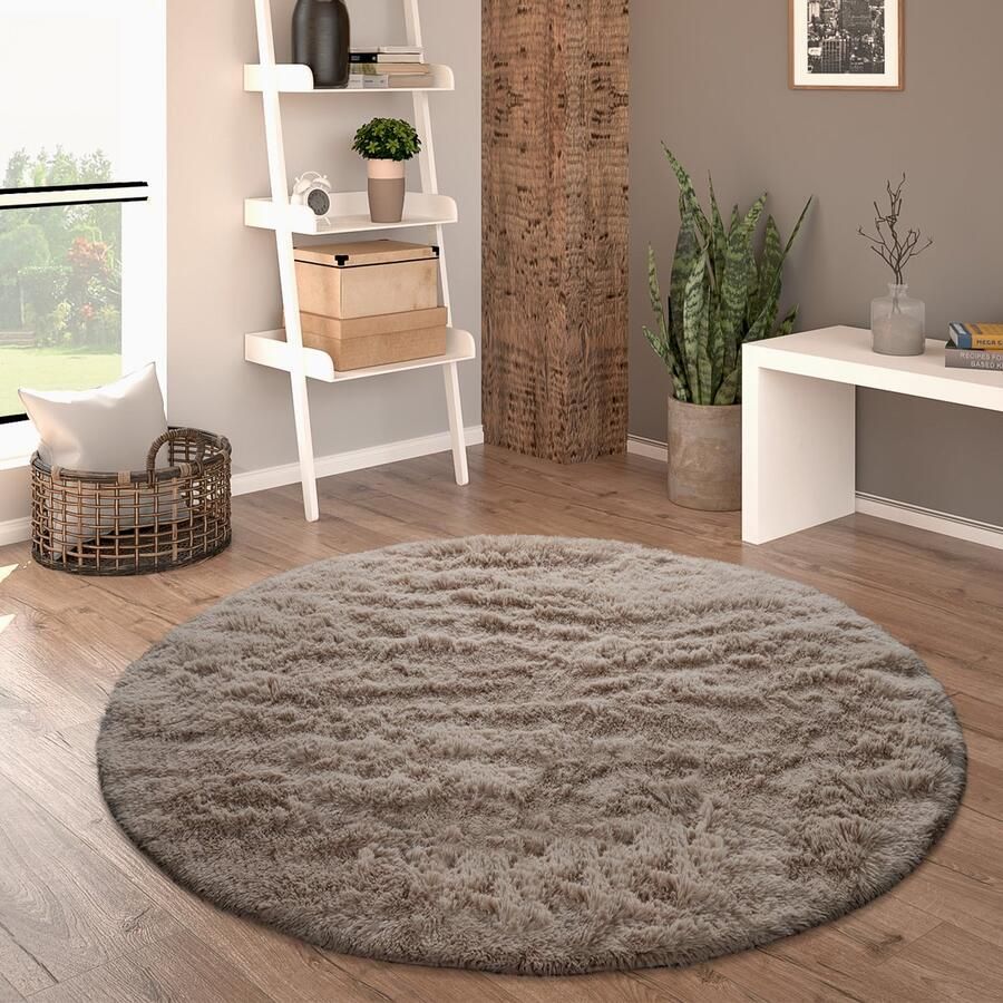 Paco Home Hoogpolig Vloerkleed Rond Woonkamer Shaggy Langpolig Imitatiebont Pluizig Effen 200 cm Rund