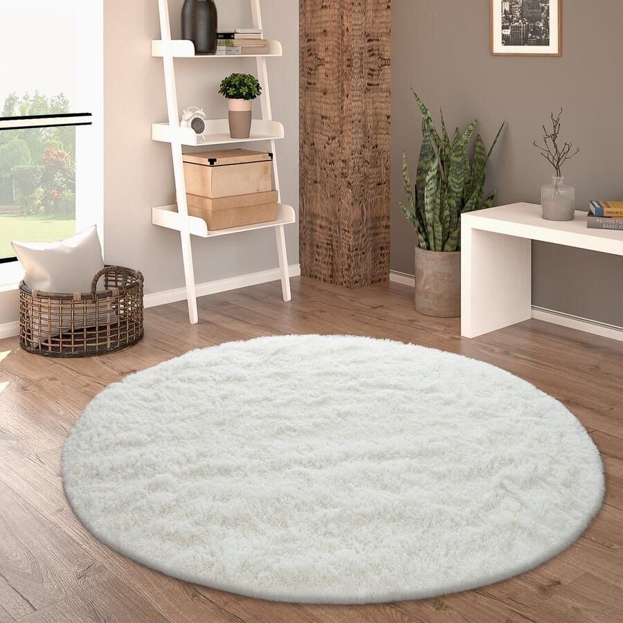 Paco Home Hoogpolig Vloerkleed Rond Woonkamer Shaggy Langpolig Imitatiebont Pluizig Effen 120 cm Rund