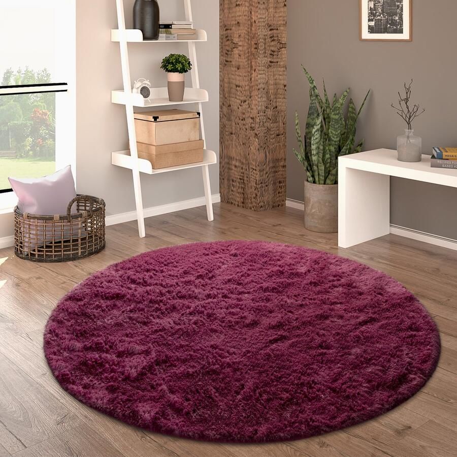 Paco Home Hoogpolig Vloerkleed Rond Woonkamer Shaggy Langpolig Imitatiebont Pluizig Effen 200 cm Rund