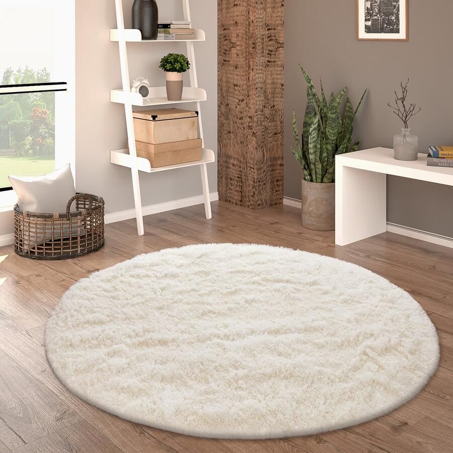Paco Home Hoogpolig Vloerkleed Rond Woonkamer Shaggy Langpolig Imitatiebont Pluizig Effen 200 cm Rund