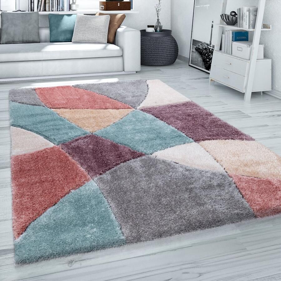 Paco Home Hoogpolig Vloerkleed Woonkamer Shaggy 3D Effect Modern Pastel Grijs Rood Beige 240x330 cm
