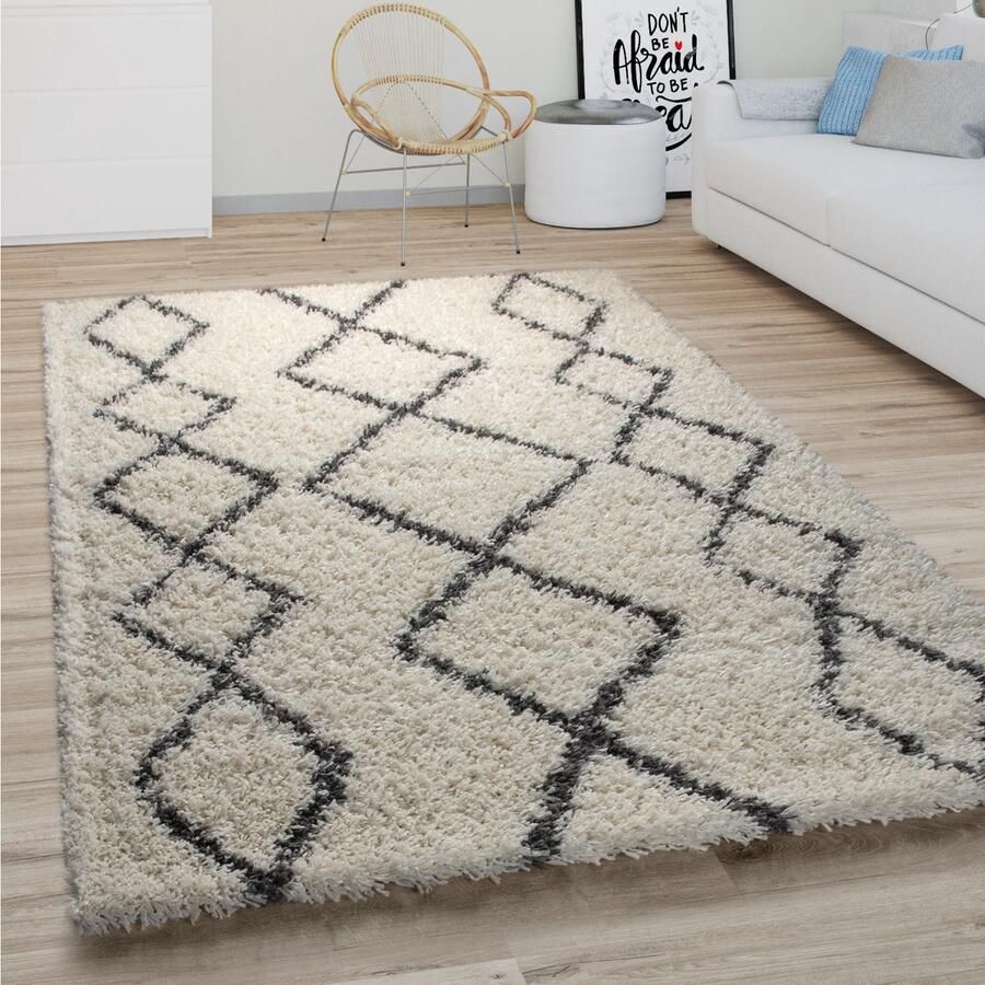 Paco Home Hoogpolig Vloerkleed Woonkamer Shaggy Langpolig Modern Boho Scandi Ruitpatroon 160 cm Rund