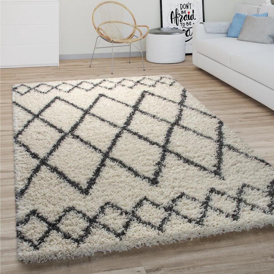 Paco Home Hoogpolig Vloerkleed Woonkamer Shaggy Langpolig Modern Boho Scandi Ruitpatroon 240x340 cm