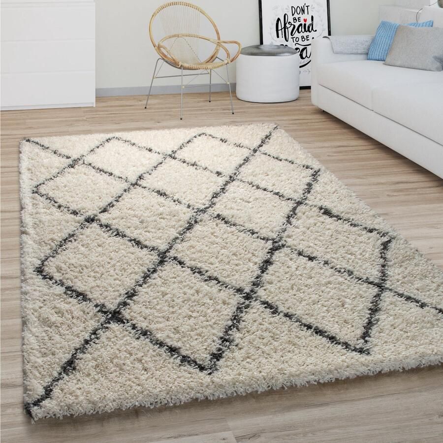Paco Home Hoogpolig Vloerkleed Woonkamer Shaggy Langpolig Modern Boho Scandi Ruitpatroon 120 cm Rund