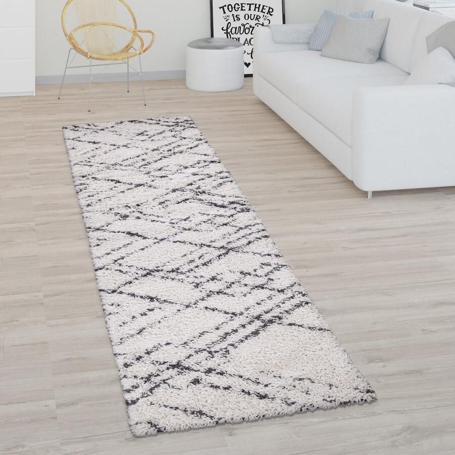 Paco Home Hoogpolig Vloerkleed Woonkamer Shaggy Langpolig Modern Boho Scandi Ruitpatroon 80x300 cm