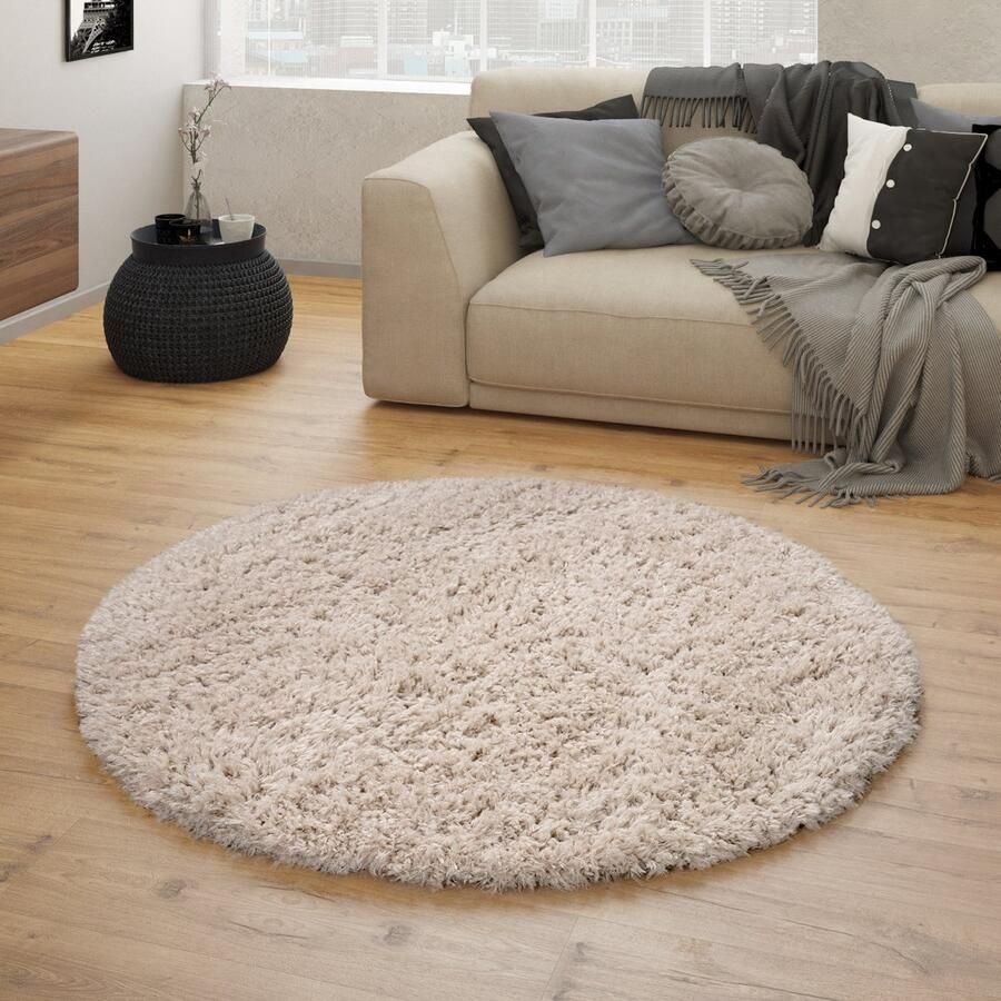 Paco Home Hoogpolig Vloerkleed Woonkamer Shaggy Langpolig Modern Eenkleurig Patroon 120 cm Rund