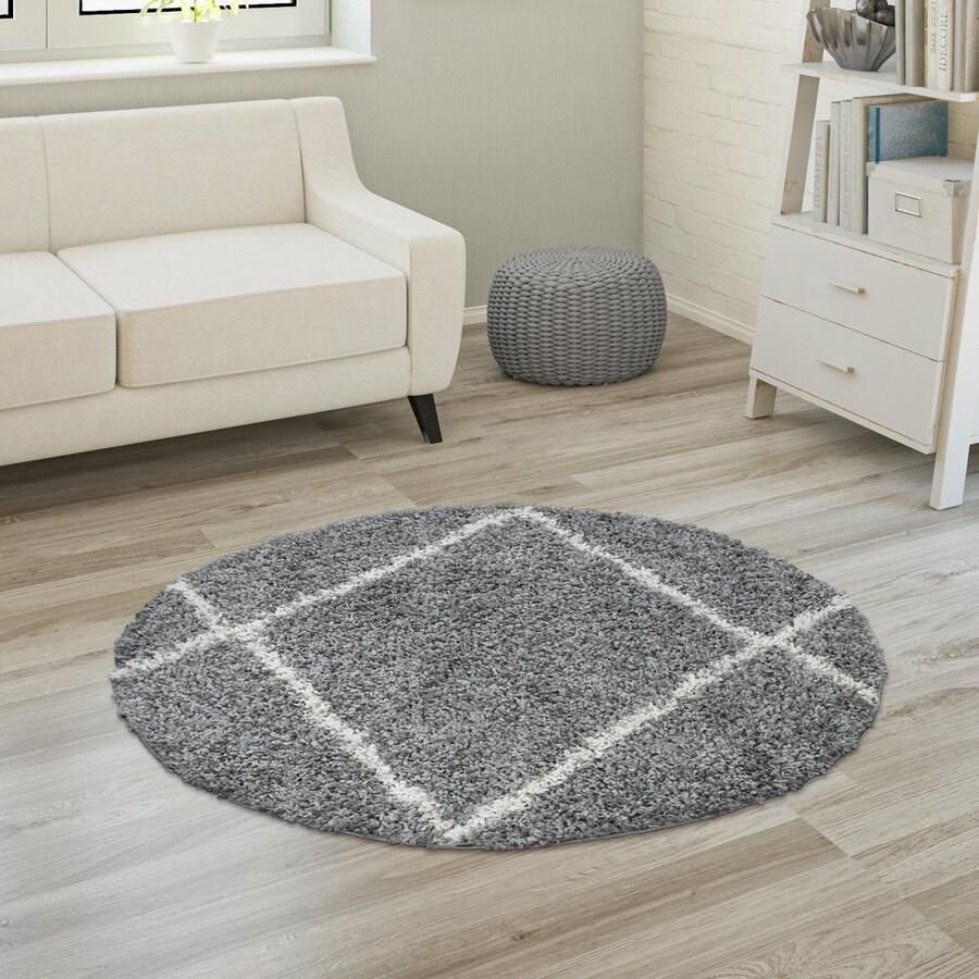 Paco Home Hoogpolig Vloerkleed Woonkamer Shaggy Langpolig Scandinavisch Ruit Patroon 120 cm Rund