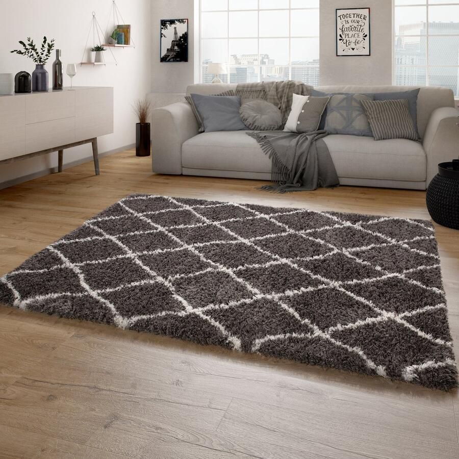 Paco Home Hoogpolig Vloerkleed Woonkamer Shaggy Langpolig Scandinavisch Ruiten Patroon 60x90 cm
