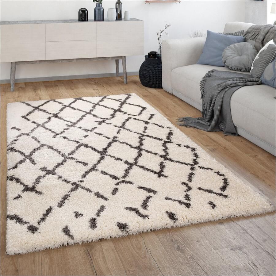 Paco Home Hoogpolig Vloerkleed Woonkamer Shaggy Langpolig Scandinavisch Ruiten Patroon 200 cm Quadrat