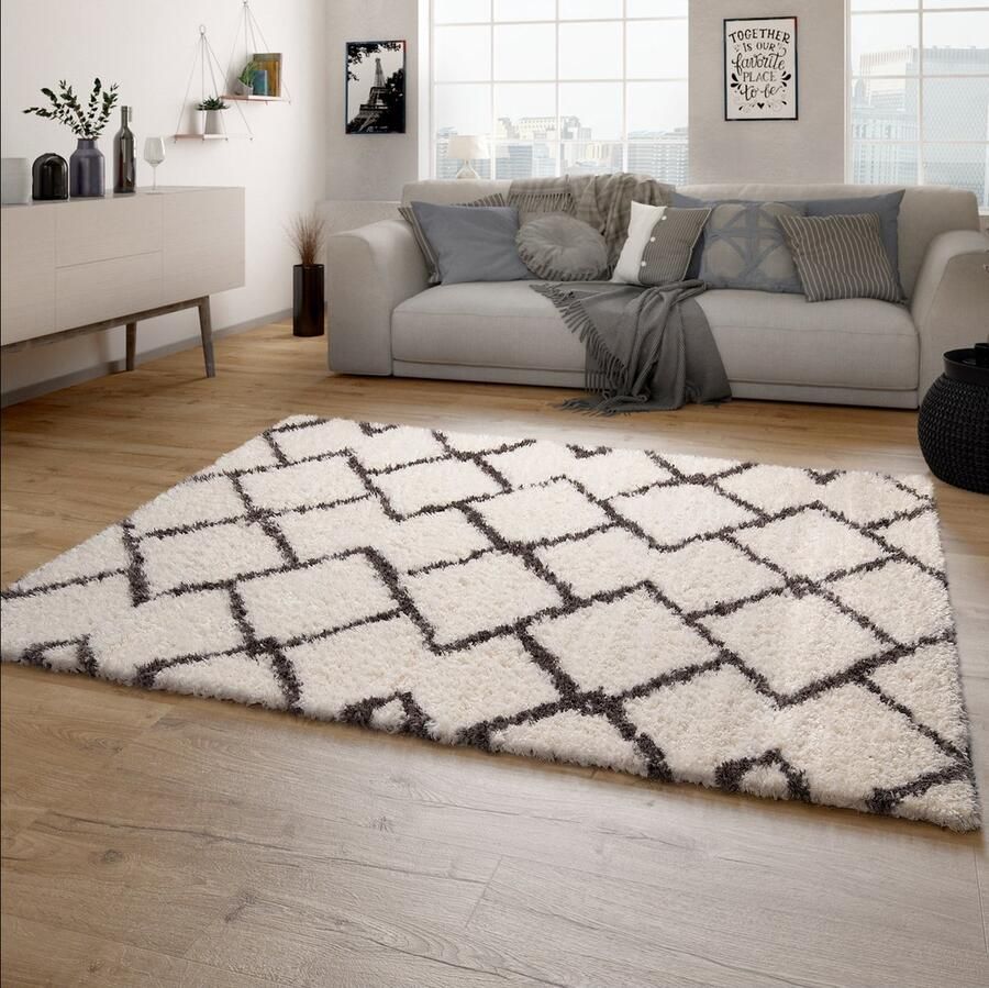 Paco Home Hoogpolig Vloerkleed Woonkamer Shaggy Langpolig Scandinavisch Ruiten Patroon 60x90 cm