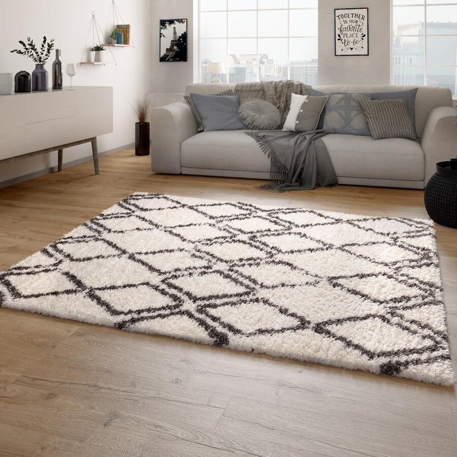 Paco Home Hoogpolig Vloerkleed Woonkamer Shaggy Langpolig Scandinavisch Ruiten Patroon 200 cm Quadrat