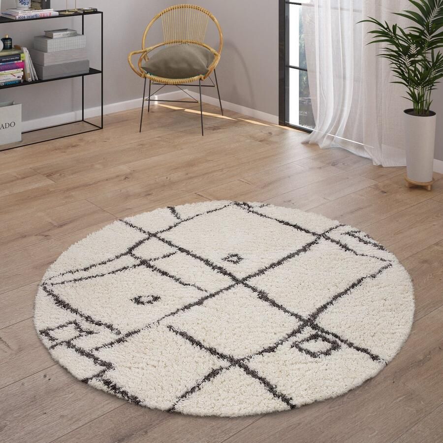 Paco Home Hoogpolig Vloerkleed Woonkamer Shaggy Scandinavisch Franjes Pluizig Modern 160 cm Rund