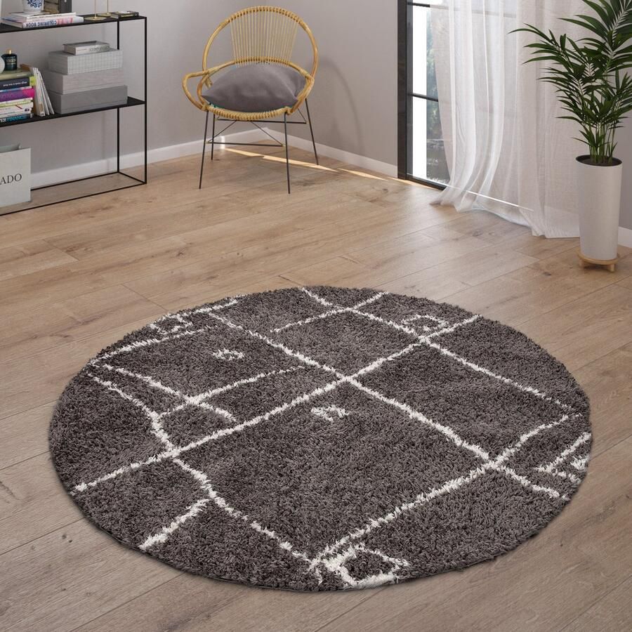 Paco Home Hoogpolig Vloerkleed Woonkamer Shaggy Scandinavisch Franjes Pluizig Modern 200 cm Rund