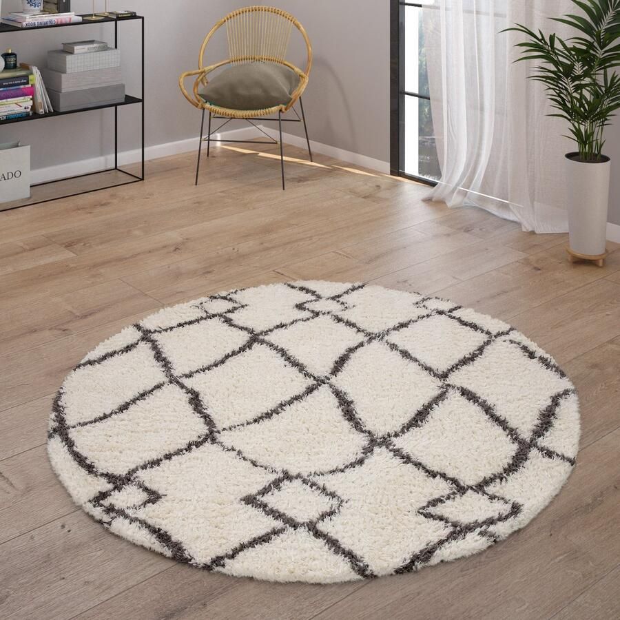 Paco Home Hoogpolig Vloerkleed Woonkamer Shaggy Scandinavisch Franjes Pluizig Modern 200 cm Rund