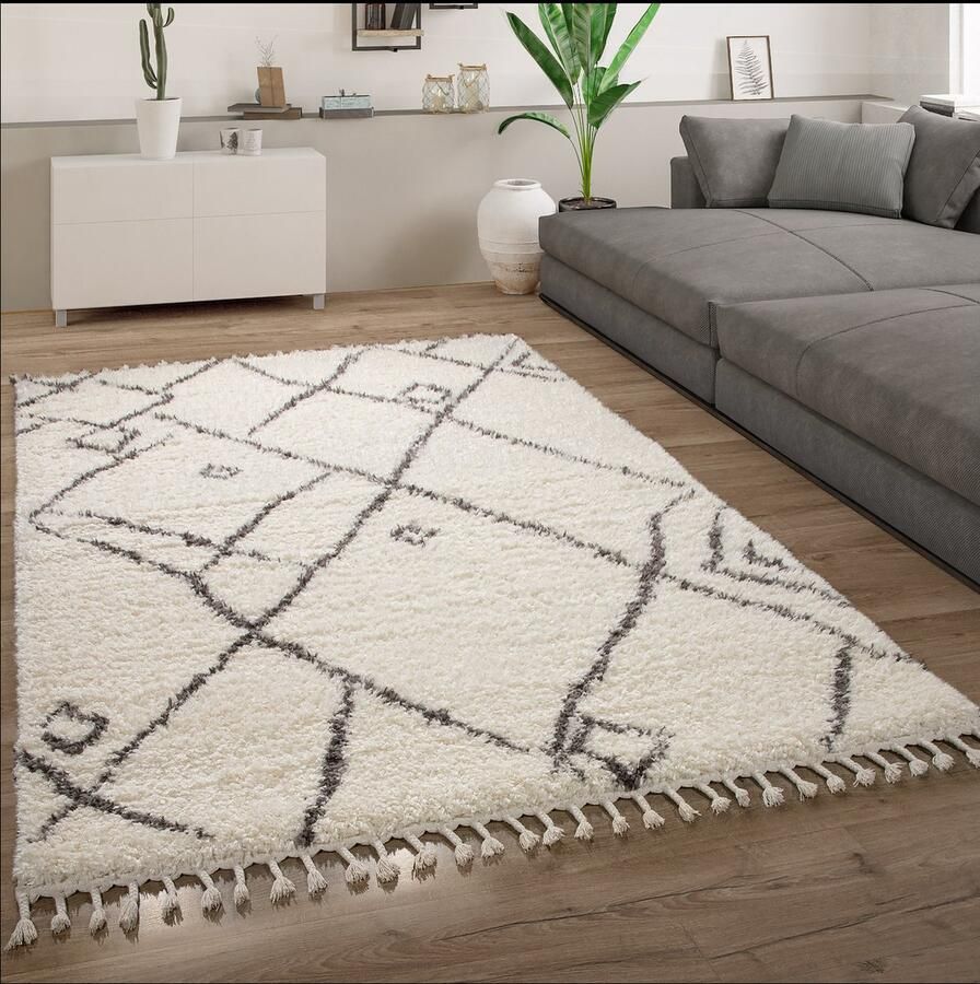 Paco Home Hoogpolig Vloerkleed Woonkamer Shaggy Scandinavisch Franjes Pluizig Modern 80x150 cm