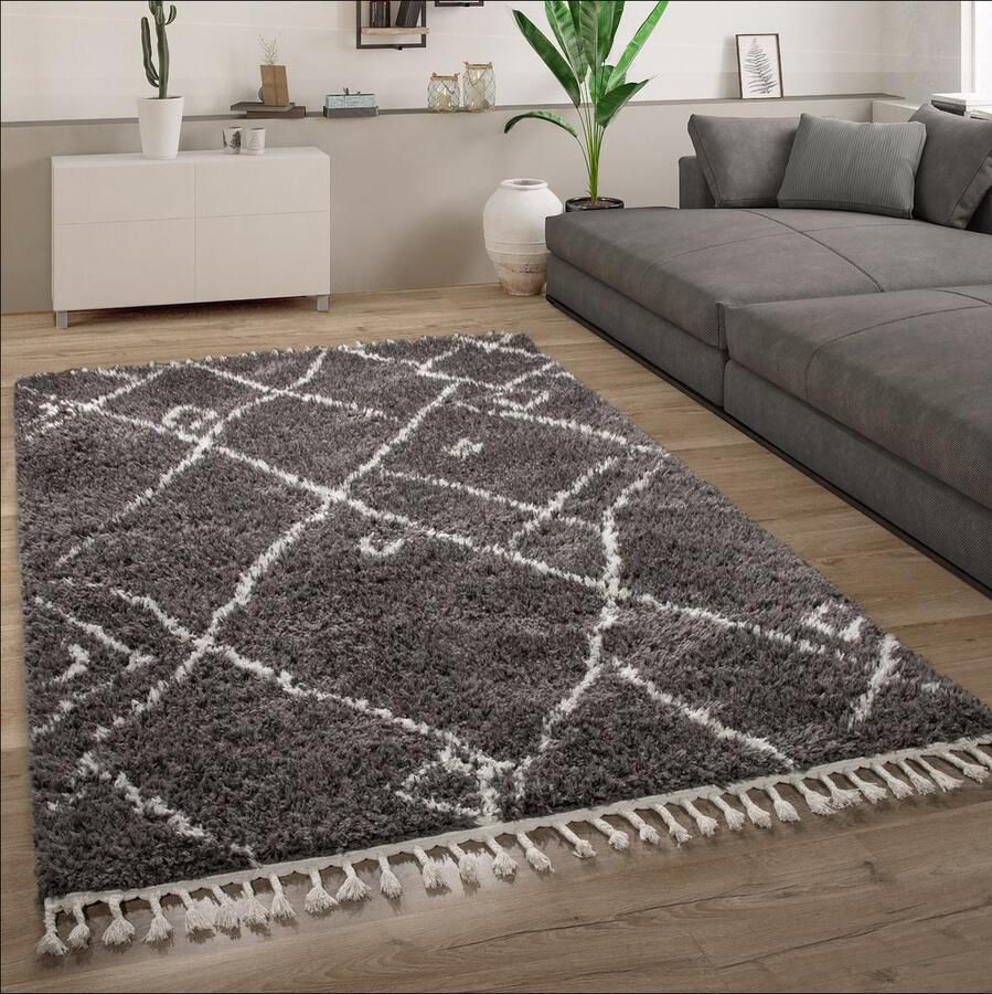 Paco Home Hoogpolig Vloerkleed Woonkamer Shaggy Scandinavisch Franjes Pluizig Modern 160x220 cm