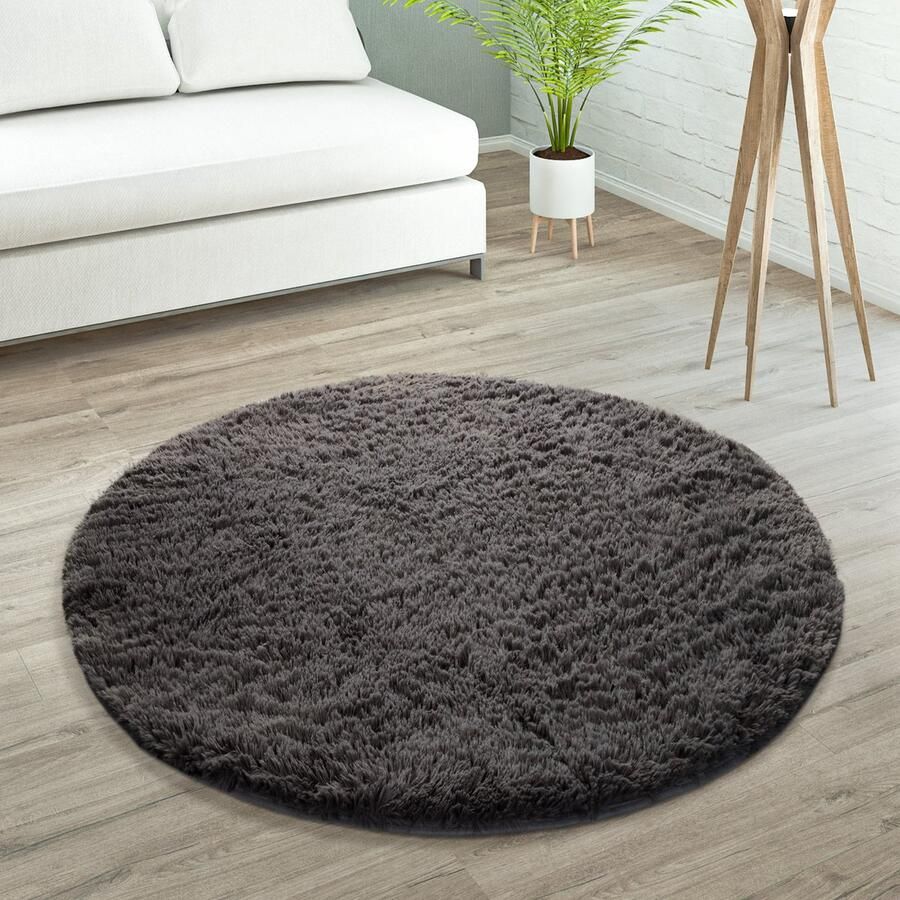 Paco Home Hoogpolig Vloerkleed Woonkamer Vacht Imitatiebont Shaggy Wollig Eenkleurig 80 cm Rund
