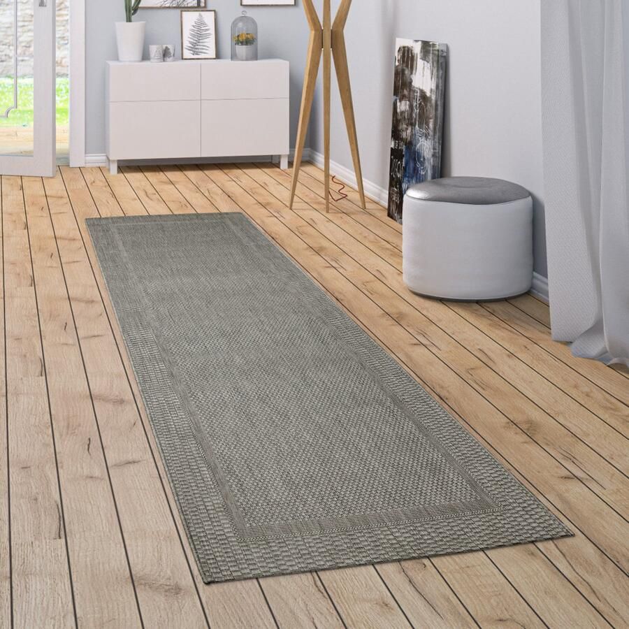 Paco Home In-& Outdoor Vloerkleed Keukenvloerkleed Eenkleurig Design Sisal Look Rand Zwart 60x110 cm